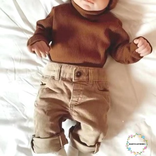 Babyclothes- ชุดเสื้อแขนยาว คอเต่า ผ้าลูกฟูก และกางเกง ผ้าถัก สีพื้น สําหรับเด็กผู้ชาย 2 ชิ้น