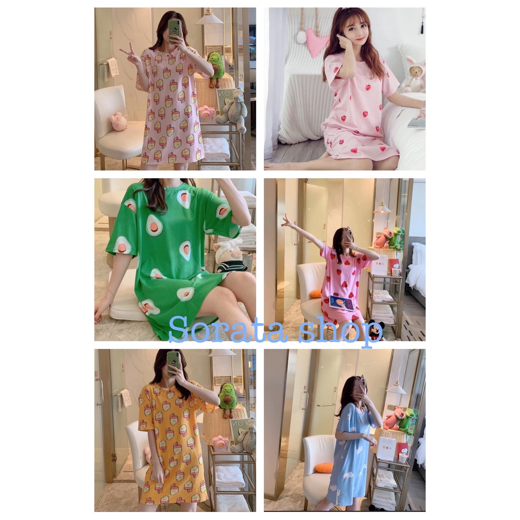 ชุดนอนฟรีไซส์ คอกลมแขนขาสั้น ชุดนอนคอกลม ชุดเสื้อกางเกง ลายการ์ตูน ใส่ ...