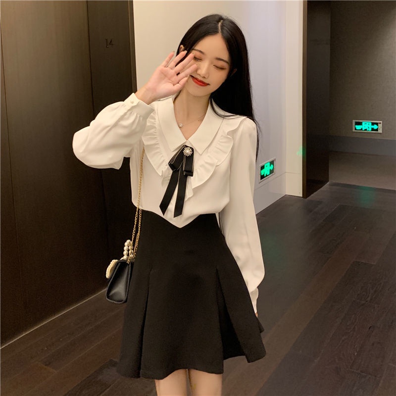 Suxi เสื้อเชิ้ตแขนยาวลําลอง คอปกโปโล ปักลาย แฟชั่นฤดูใบไม้ร่วง และฤดูหนาว สไตล์ฝรั่งเศส สําหรับผู้หญิง