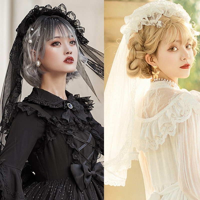 OMG Classic Lolita Style Black White Veil Lace Veil Headdress สําหรับคอสเพลย์