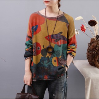 🌈พร้อมส่ง🌈  เสื้อไหมพรมลายปลา เสื้อสเวตเตอร์วินเทจ
