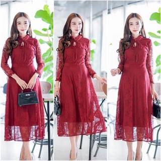 hbstation.shop เสื้อผ้าผู้หญิง ชุดลูกไม้ออกงาน สีแดง พร้อมส่ง