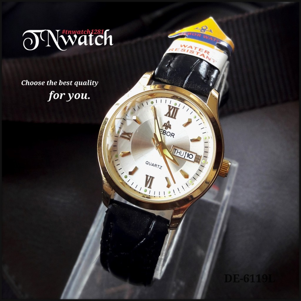 นาฬิกาผู้หญิง debor รุ่น DE-6119L สายหนังหน้าปัดเงิน
