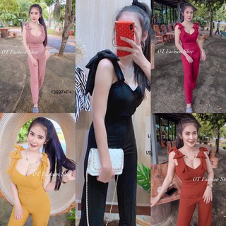 MF13697🍓 Jumpsuit จั้มสูทแขนกุด ขายาว ผ้าบลูเวฟ ไหล่ 2 ข้าง แต่งโบว์ มีซิปซ่อนด้านหลัง พร้อมส่ง