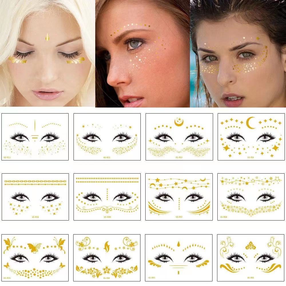 Fstival ผู้หญิง Golden Face รอยสักชั่วคราว กันน้ํา Bronzing สติ๊กเกอร์รอยสักแต่งหน้า