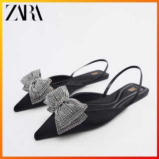 Zara รองเท้ามุลเลอร์ ส้นแบน ประดับโบว์ พลอยเทียม สายรัดด้านหลัง แฟชั่นฤดูร้อน สําหรับผู้หญิง 2022