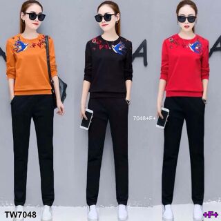 TW7048 Set 2 ชิ้น เสื้อแขนยาวปักลายนก + กางเกงขายาว