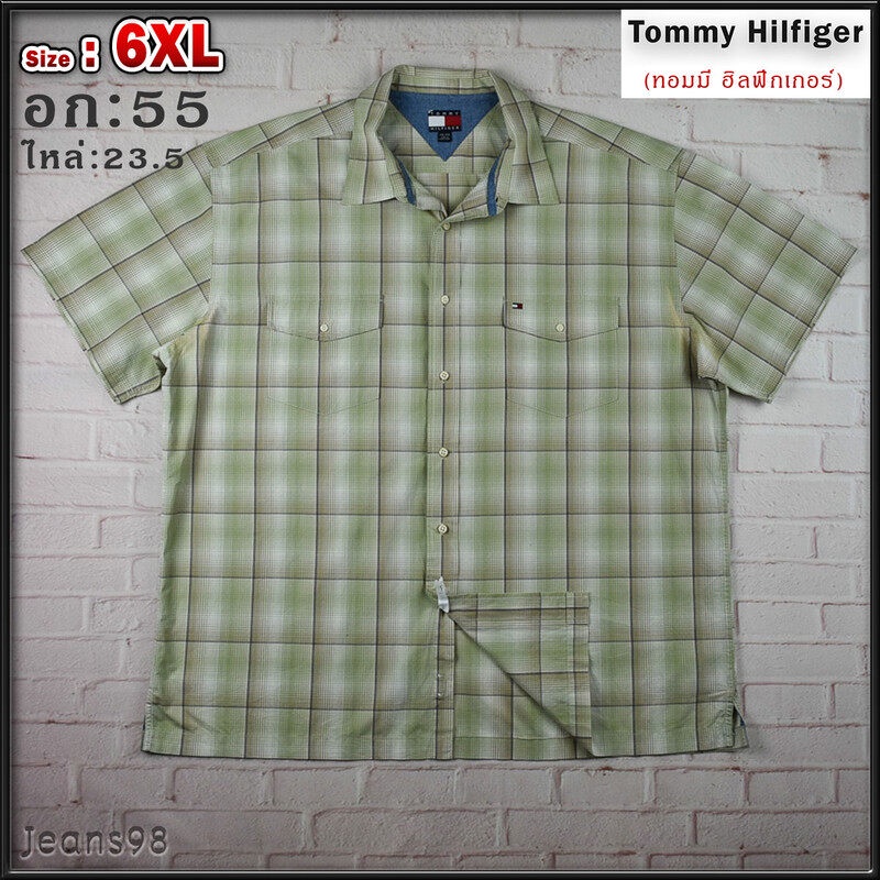 Tommy Hilfiger®แท้ อก 55 ไซส์ 6XL เสื้อเชิ้ตผู้ชาย ทอมมี่ ฮิลฟิกเกอร์ สีเขียวอ่อน แขนสั้น เนื้อผ้าดี