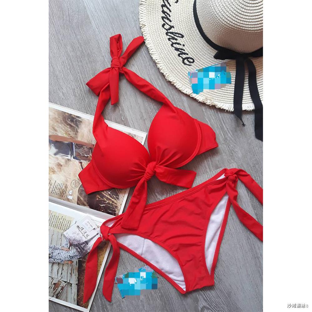 ♟ Swimwear Women Halter Bikini 2020 Summer Sexy Red Black Solid Swimsuit Push Up Padded