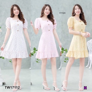 TwinsShopVip💗พร้อมส่ง TW17112 เดรสสั้นแขนตุ๊กตา ลายดอกไม้