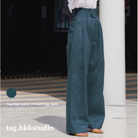 กางเกง Tag high waist straight leg, Belt สี Turquoise