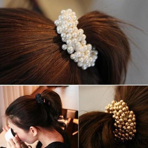 BღBღFashion Women Girls Pearls Beads Hair Band Rope Scrunchie Ponytail Holder