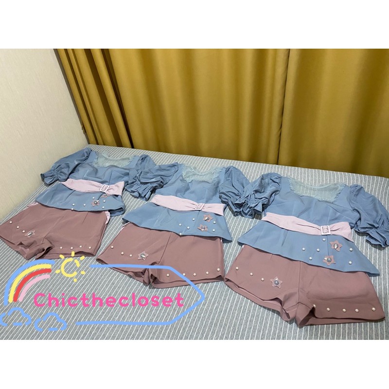 [Limited BLT] Rosy Blue Set : BLT Brand : ชุดเข้าเซ็ตเสื้อกางเกงสวยหวานสีฟ้าชมพูตุ่นพาสเทลคาดเข็มคาด