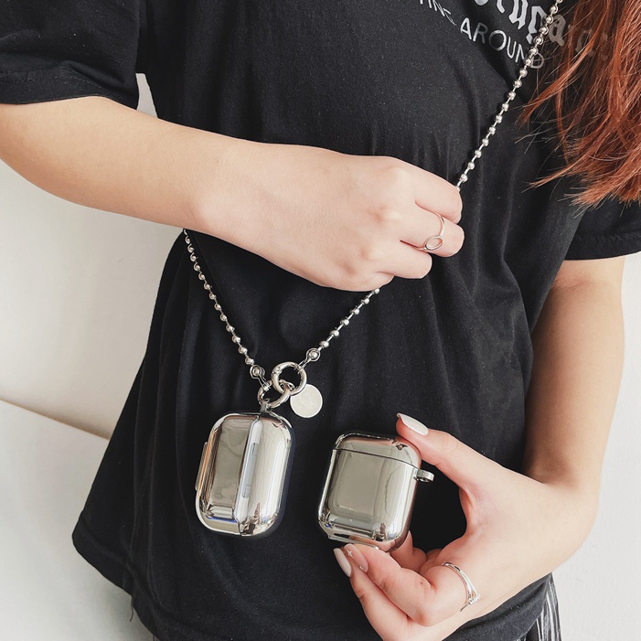 เคส Airpods Pro 3 แฟชั่นสีเงินเมทัลลิกพร้อมสร้อยคอสําหรับ airpods pro gen 2/1 2 3 4/pro