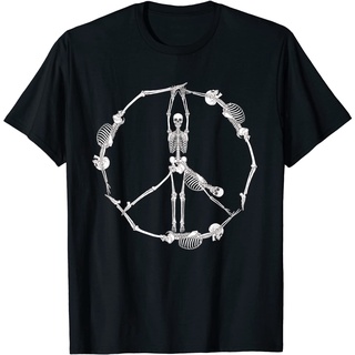 เสื้อยืดโอเวอร์ไซส์เสื้อยืด พิมพ์ลายโครงกระดูกสันติภาพ ฮาโลวีน Dark GothS-3XL