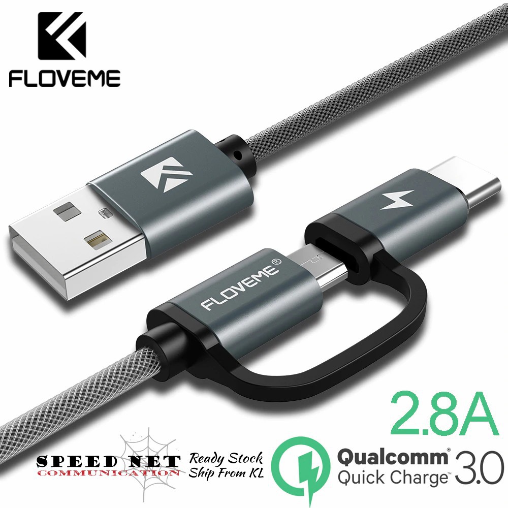 Floveme QC3.0 สายเคเบิล USB Type C สําหรับ Samsung Galaxy Note 9 S9 2.8A Micro USB 2in1 ชาร์จเร็ว สําหรับ Android