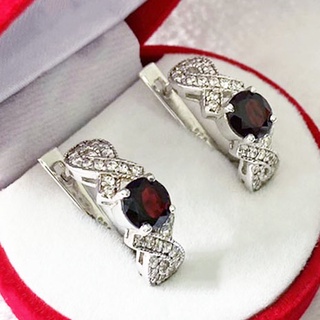 P6431 ต่างหูพลอยโกเมนแท้ ( Garnet ) แบบอิงลิชล็อค ตัวเรือนเงินแท้ 925 ชุบทองคำขาว