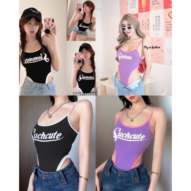 mnv_shop Bodysuitสายเดี่ยว สกรีนหน้าแต่งแถบเว้าเอวสูง เนื้อผ้าเรย่อนยืดได้เยอะใส่เข้ารูปเลย ผ้านิ่มใส่สบายราคาแสนเบา