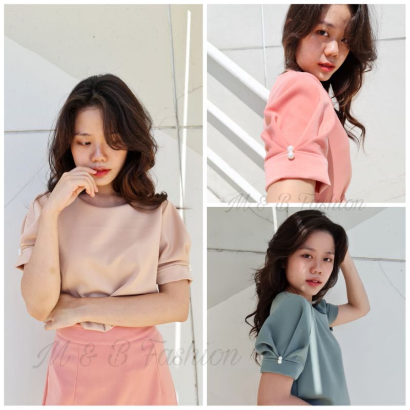 🧶เสื้อฮานาโกะจีบแขนแต่งมุกปลายแขนน่ารัก159฿มีไซส์XS-4XLใส่ทำงานได้🧶