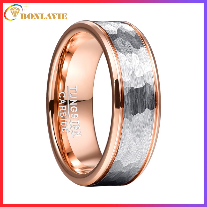 ปรับแต่งคําแกะสลักBonaLAVIE 8 มม.Rose Gold Hammered ทังสเตนคาร์ไบด์แหวนสําหรับผู้ชายผู้หญิงงานแต่งงานวงดนตรี Beveled Edge Brushed Finish Comfort Fit