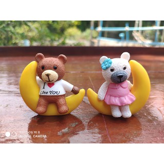 ตุ๊กตา หมีคู่ นั่งบนพระจันทร์ Moon Couple Bear Miniature Figurines Fairy Garden Dollhouse Decor Micro Landscape