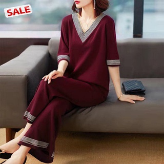 tdg 2pcs Women Fashion  Suit Tops + Pants Loose Comfortable Breathable V-neck Simple Solid Color Wide-leg Cropped Pants