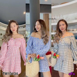 GN13134  **รบกวนสอบถามstockก่อนสั่งซื้อจ้า** เดรสสั้นปาดไหล่สม้อค กระดุมหน้า ลายสก็อต