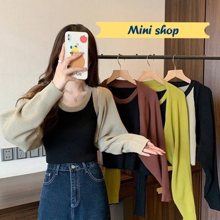 Mini shop🌸พร้อมส่ง🌸(39133+39133-1) เสื้อกล้าม+เสื้อคลุมไหมพรม สีพื้นใส่สบายผ้านิ่มสไตล์เกาหลี -C