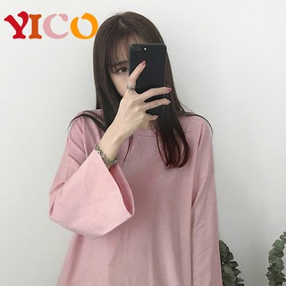 YICO 🌸พร้อมส่ง เสื้อแขนยาวผู้หญิง สไตล์เกาหลี Oversized ไหล่ตก ผ้าคอตต้อน