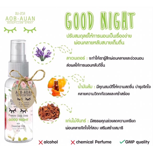 Sleep Spary Aob-Auan สเปรย์ฉีดหมอนและผ้าห่ม อบอวล สูตร  Good Night ช่วยการนอนหลับ ช่วยผ่อนคลาย ขนาด 25 ml.