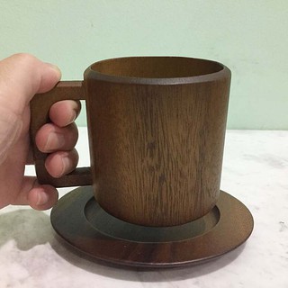 แก้วไม้ แก้วมัก พร้อม จานรอง แก้วน้ำ เครื่องดื่ม ร้อน เย็น Wooden Mug