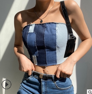 W[]-Women´s Top Self Cultivation Backless Back Lace Up Vest Denim Chest Wrap Blouse for Female