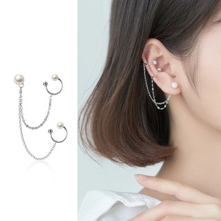 ต่างหูหนีบไข่มุกแบบห้อยโซ่ สีเงิน II • Pearl Chain Ear cuff II