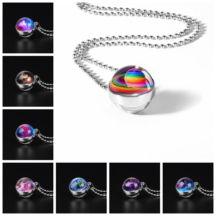แก้ว Cabochon สร้อยคอจี้สองด้าน Galaxy Nebula Universe Outer Space แฟชั่นเครื่องประดับที่ดีที่สุดสํา
