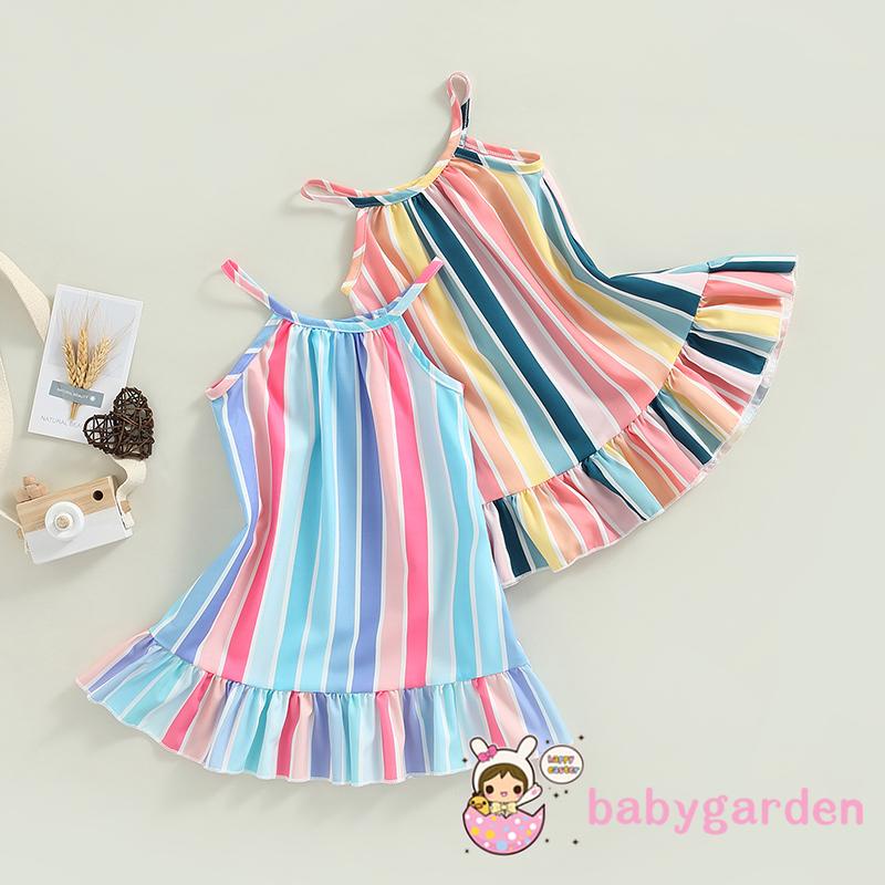 Babygarden- ชุดเดรสแขนกุด พิมพ์ลาย แต่งระบาย ลายทาง แนวตั้ง สําหรับเด็กผู้หญิง อายุ 6 เดือน - 4 ปี