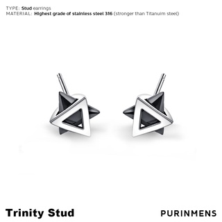 Purinmens Trinity ต่างหูผู้ชาย hype-stud earrings, stronger than Titanium steel with highest grade stainless steel 316