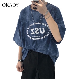 OKADY เสื้อผ้าผู้ชายผู้ชายเสื้อยืดแนวโน้มฤดูร้อนรอบคอมัดย้อมพิมพ์แขนสั้นแฟชั่นบางหลวมนักเรียนเยาวชนแขนสั้น