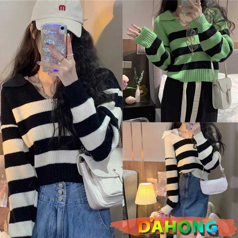 Dahong พร้อมส่ง เสื้อสเวตเตอร์ไหมพรม เเนื้อนุ่ม เสื้อแขนยาวไหมพรม สเวตเตอร์ลายทาง 83068