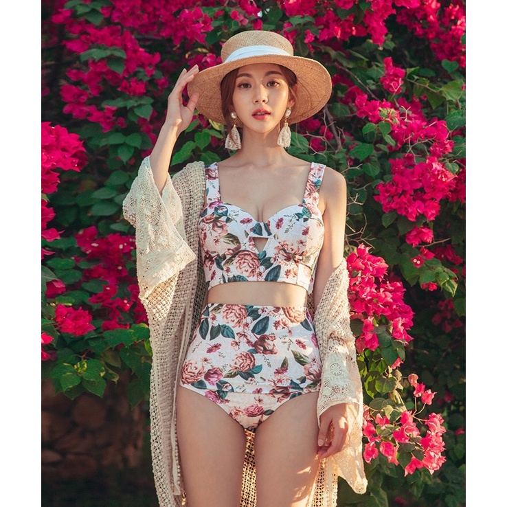 jqk ชุดว่ายน้ำเอวสูงบิกินี่ลายดอกไม้ (สีครีม)  รุ่น0201