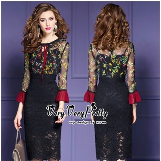 Elegant Flower Chiffon Print Black Lace Dress