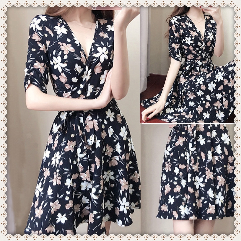 ชุดเดรสสั้น Women Summer Short Sleeve Floral Print Elegant