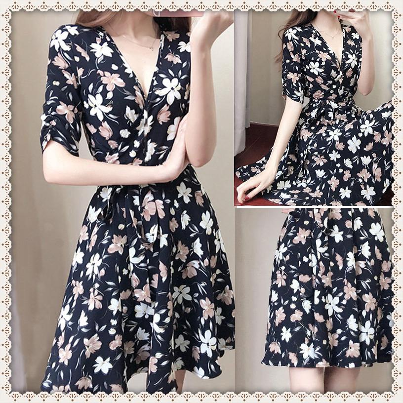 Women Summer Short Sleeve ชุดเดรสสั้น Floral Print Elegant