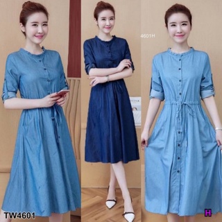 B4601 เดรสเชิ้ตยีนส์คอระบาย flared neck denim shirt dress