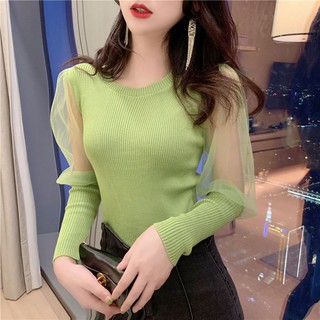 เสื้อสเวตเตอร์ เกาหลี ตาข่าย ประกบกัน การถัก เสื้อบอททอม ผอมเพรียว เสื้อแขนยาว เสื้อ
