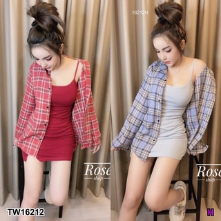 16212 Set 2 ชิ้น เสื้อเชิ๊ตลายสก็อต + เดรสผ้ายืด Set of 2 pieces. Plaid shirt + stretch dress.