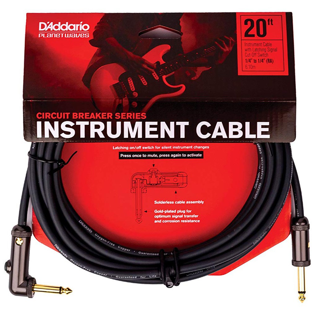 D'Addario® สายแจ็คกีตาร์ 6 เมตร แบบมีตัวตัดสัญญาณ หัวงอ อย่างดี รุ่น PW-AGLRA-20