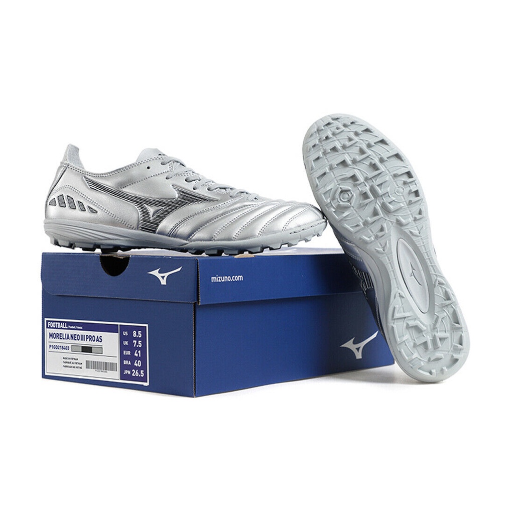 Mizuno Morelia Neo III Pro AS Kangaroo Leather รองเท้าฟุตซอลผู้ชาย Silver P1GD2184-03 ใหม่พร้อมกล่อง