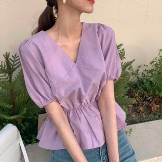 เสื้อสีม่วงคอวี แขนตุ๊กตา เอวสม๊อตชายเสื้อระบาย B280