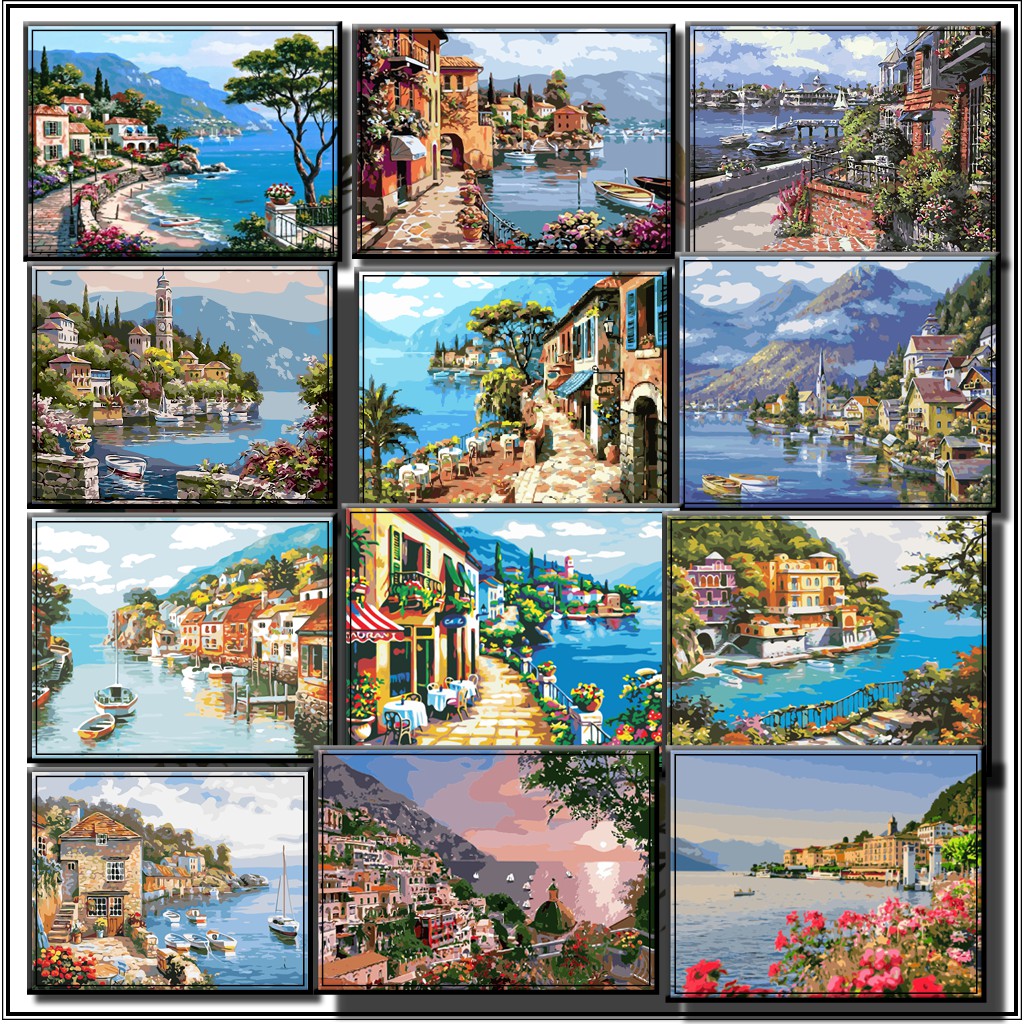 Photo Frames & Wall Decoration 105 บาท 40*50cm DIY ภาพวาดสีน้ำมัน ภาพระบายสีตามตัวเลข Painting By Numbers on  Canvas  towns along coast B Home & Living