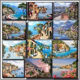 40*50cm DIY ภาพวาดสีน้ำมัน ภาพระบายสีตามตัวเลข Painting By Numbers on  Canvas  towns along coast B